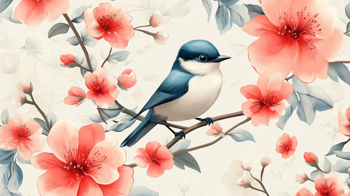 枝头小鸟与繁花插画