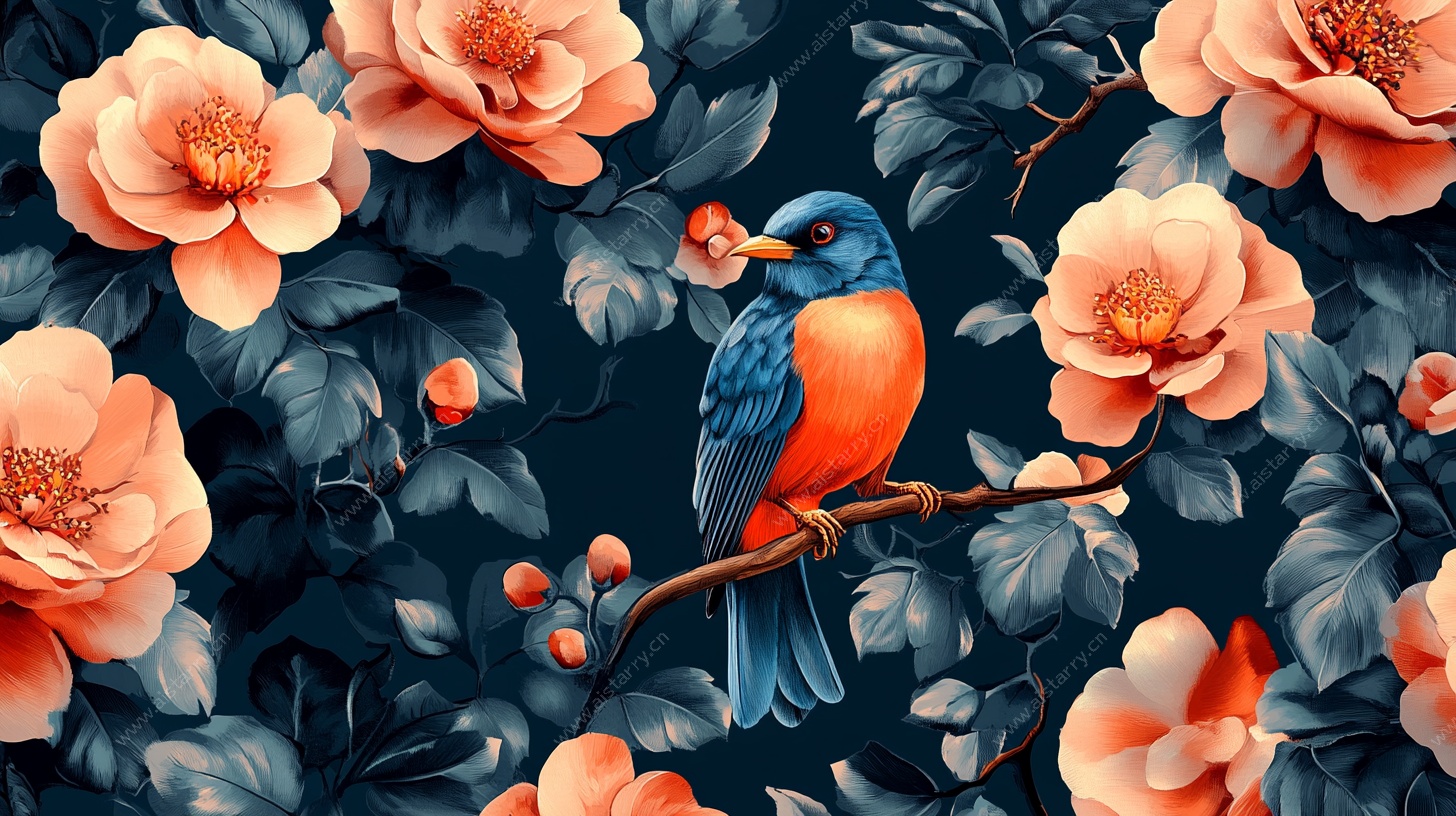 花鸟图 蓝羽鸟栖繁花间