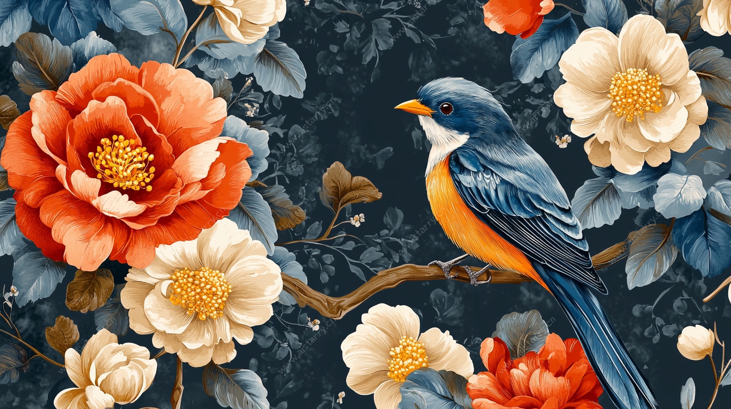 花鸟图绘 花卉间的灵动小鸟