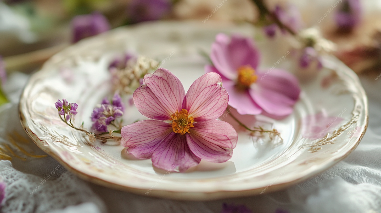 瓷盘上的柔美粉色花卉