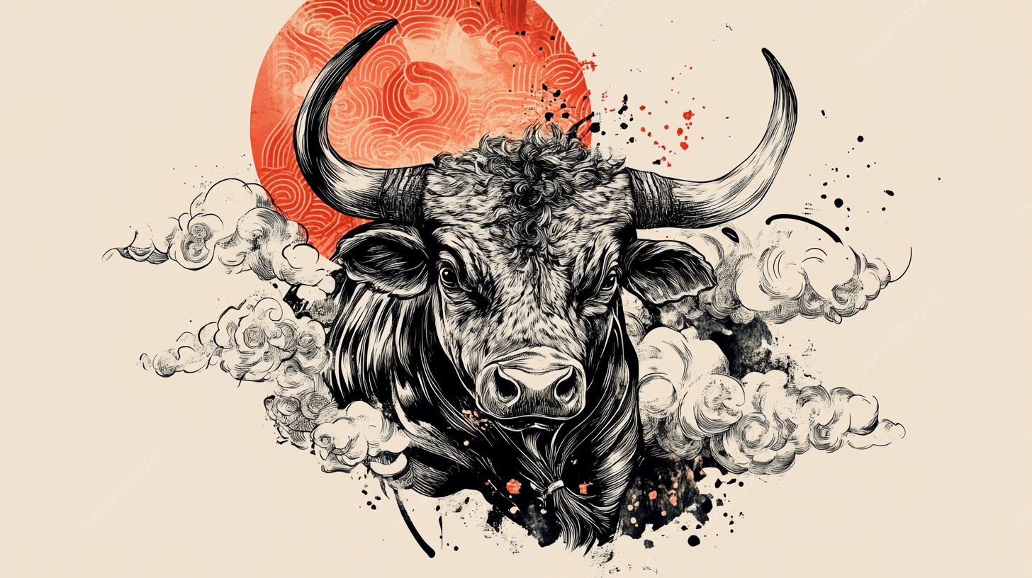 水墨风格牛头插画