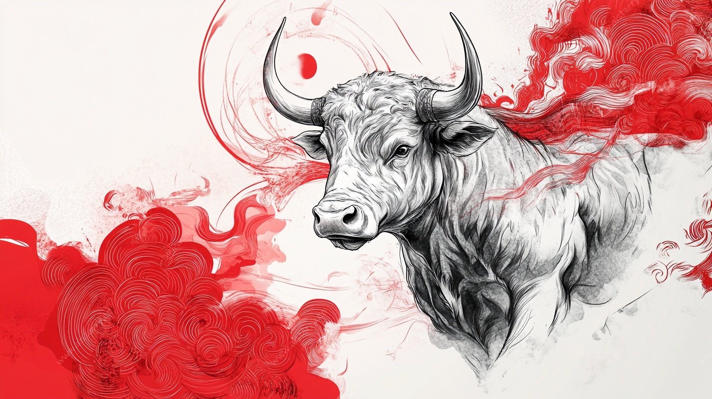 水墨公牛图 红韵添风采
