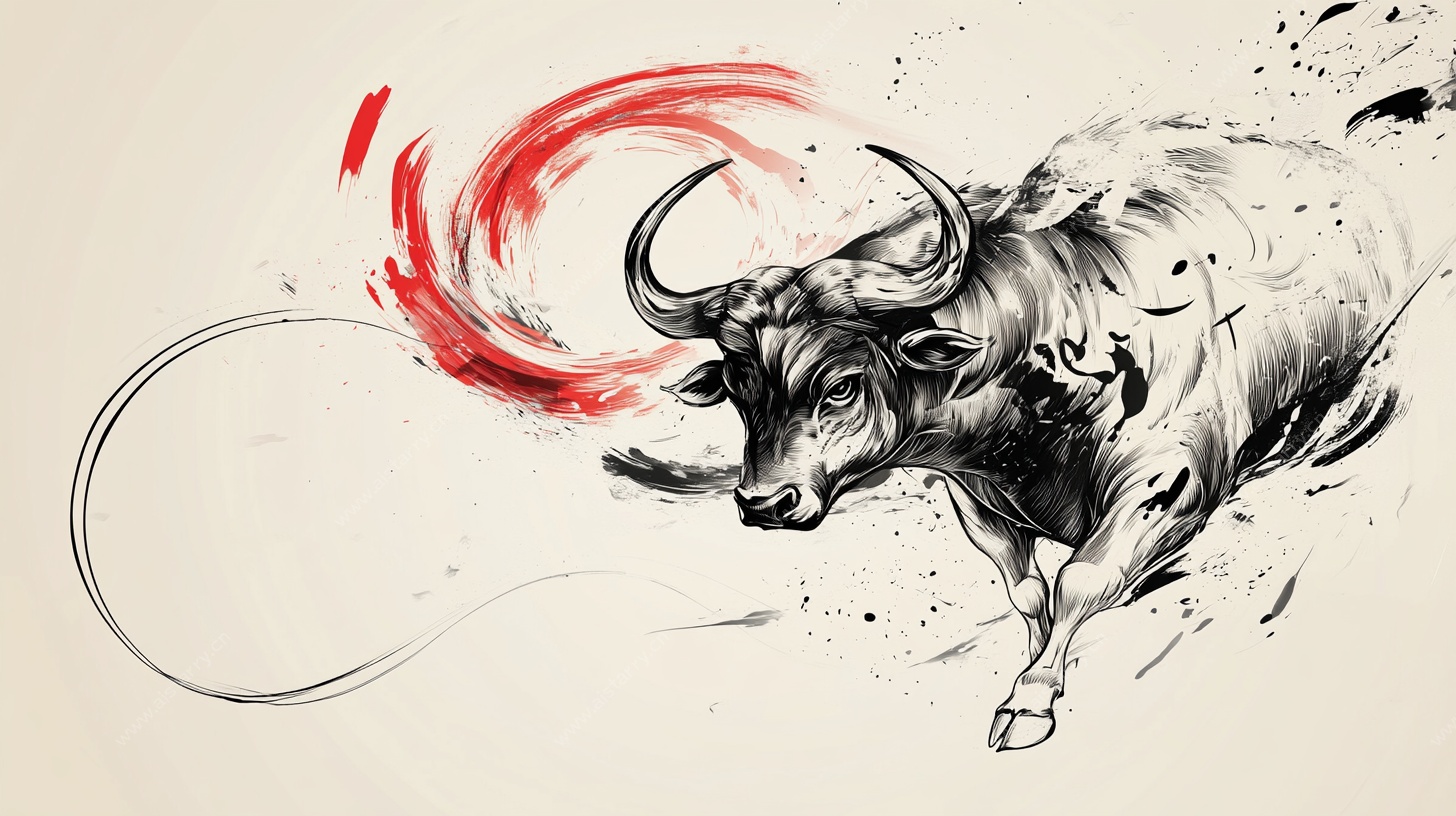 水墨奔牛 红绸飞扬