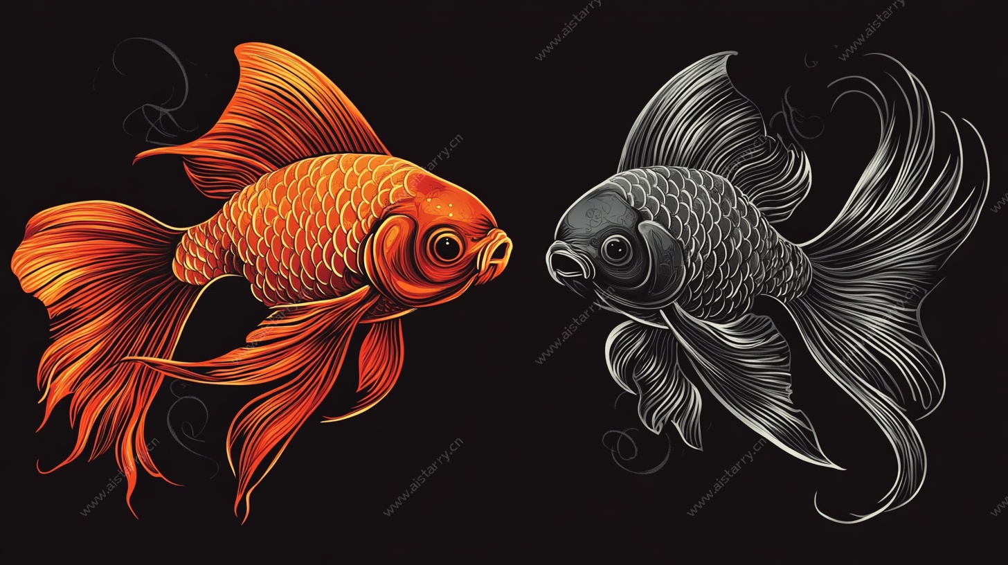 双色金鱼对峙图