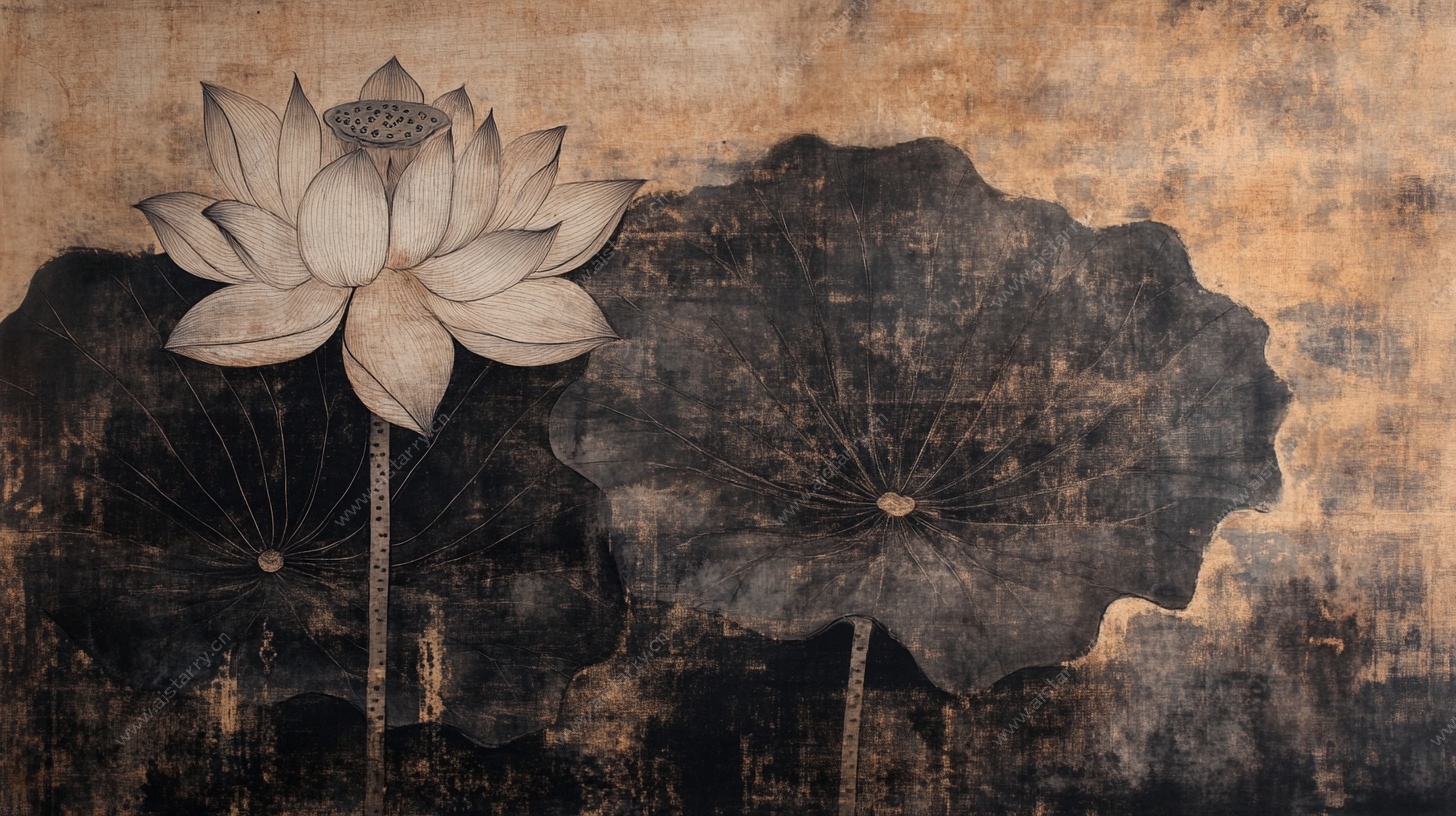 中式水墨风莲花壁画