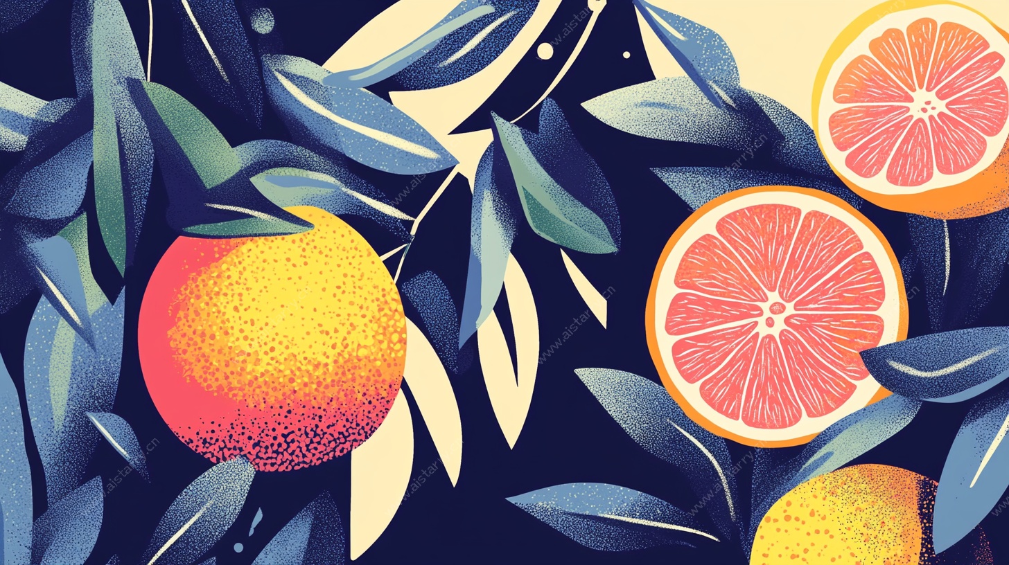 柑橘插画 清新水果与绿叶