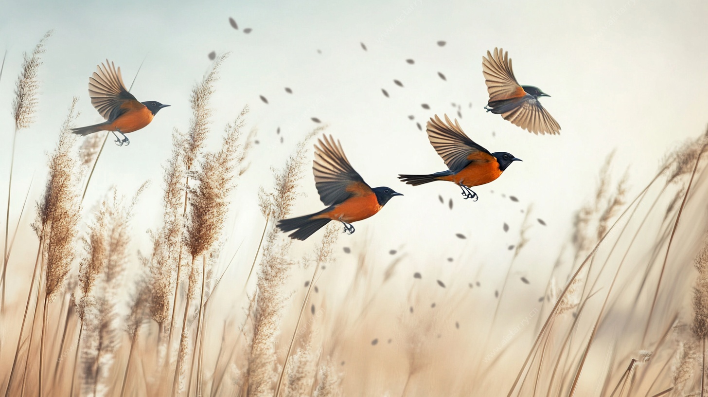 飞鸟翱翔于芦苇丛之上