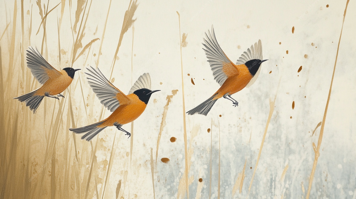 三只飞鸟掠过芦苇丛