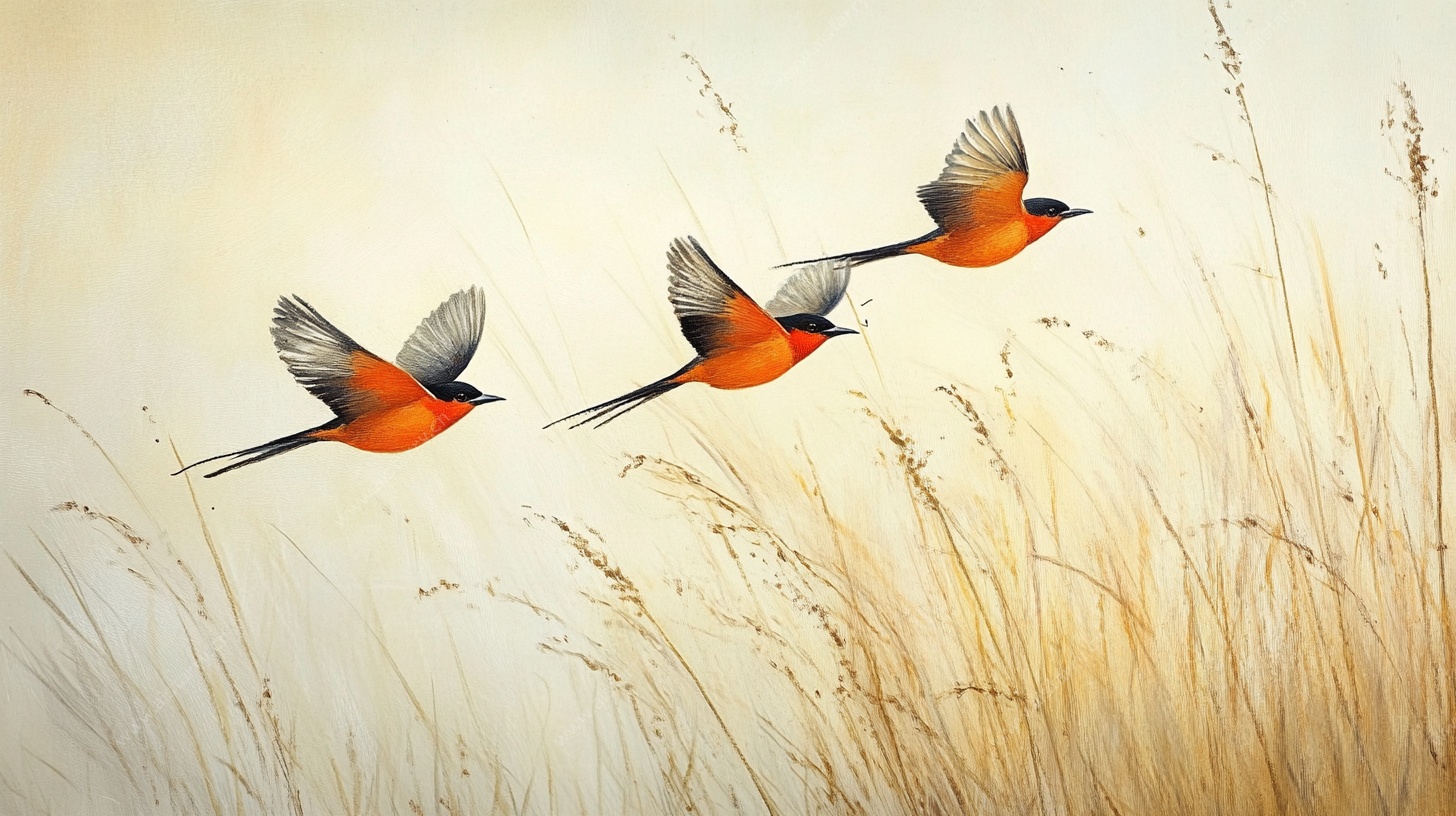 三只飞鸟翱翔于芦苇间