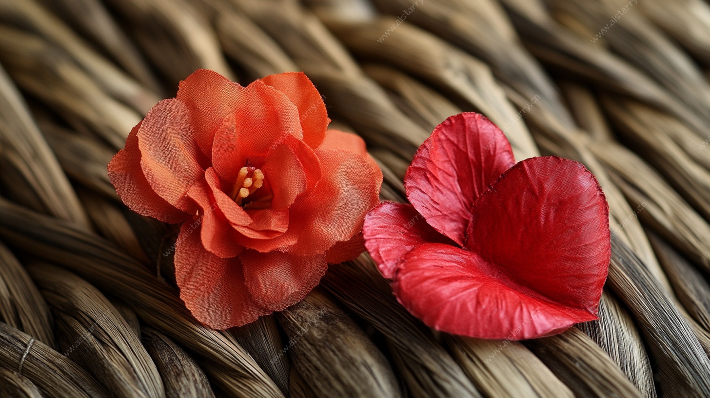 两朵红花置于编织物上