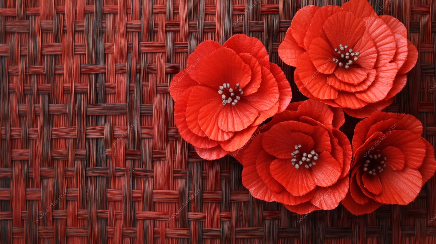 红花朵置于编织纹理背景