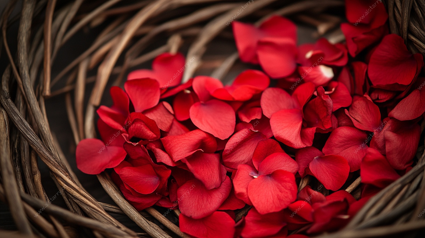 心形玫瑰花瓣在鸟巢中