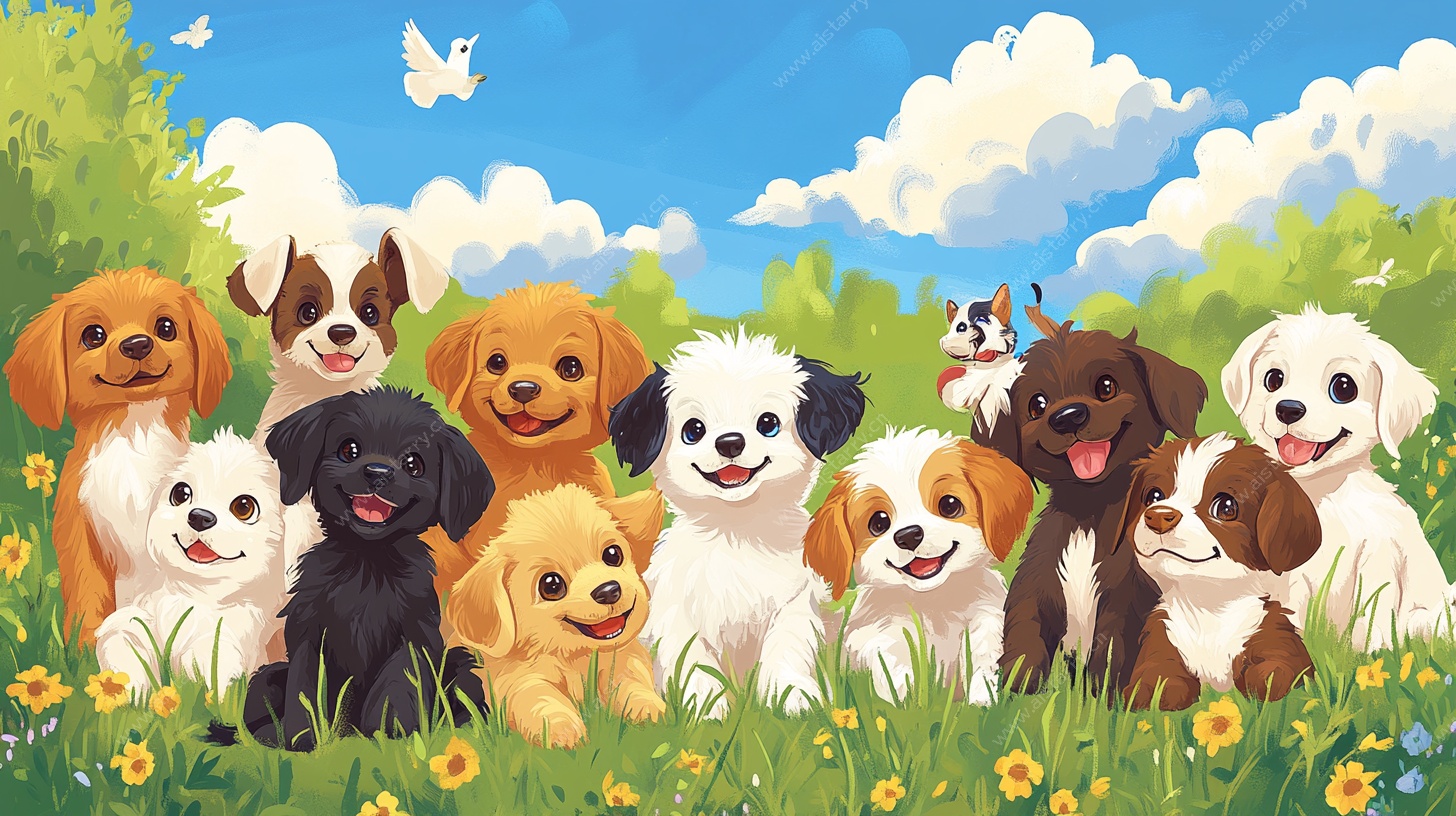 欢乐小狗在草地的聚会