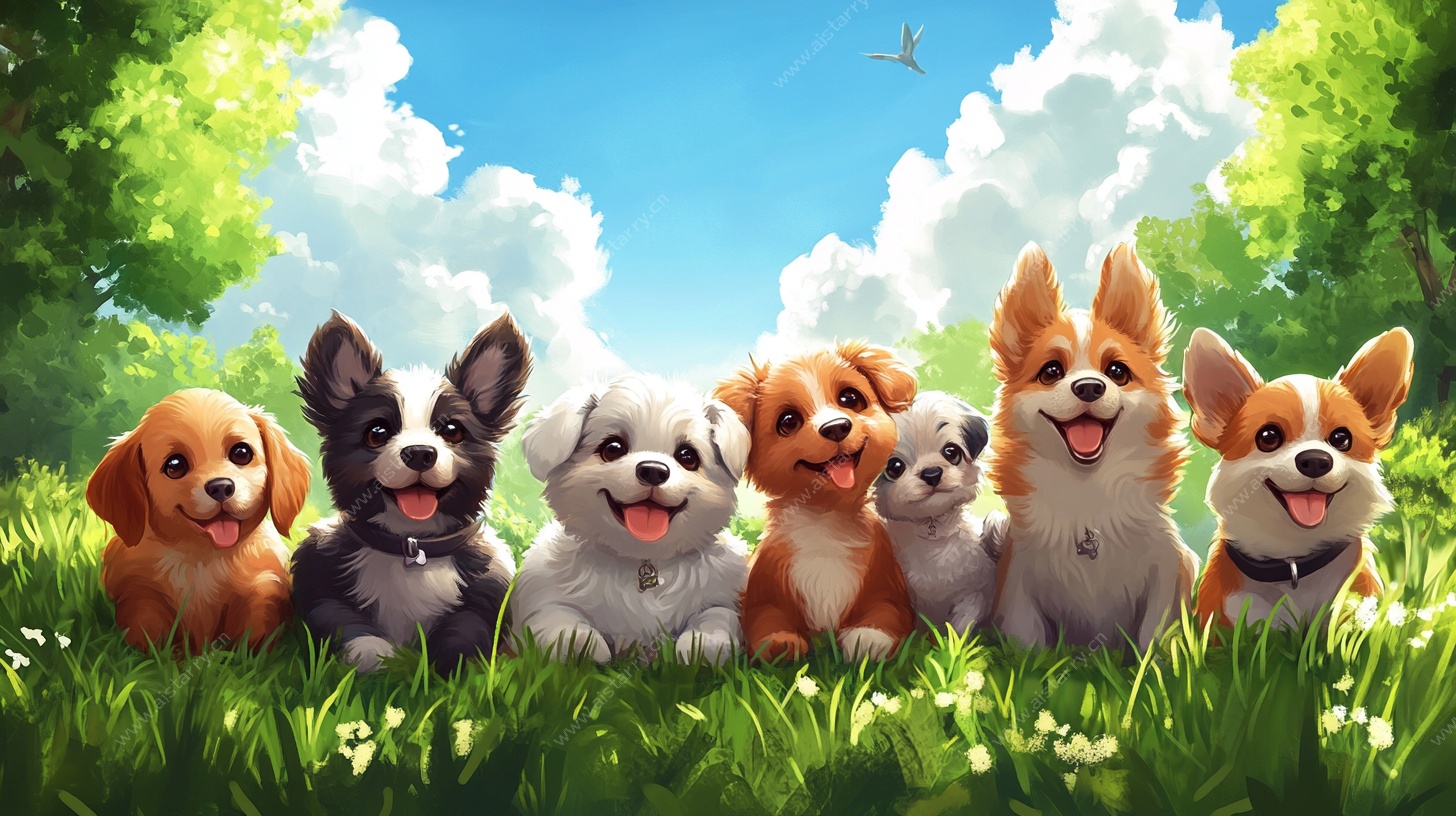 草地上的可爱小狗们