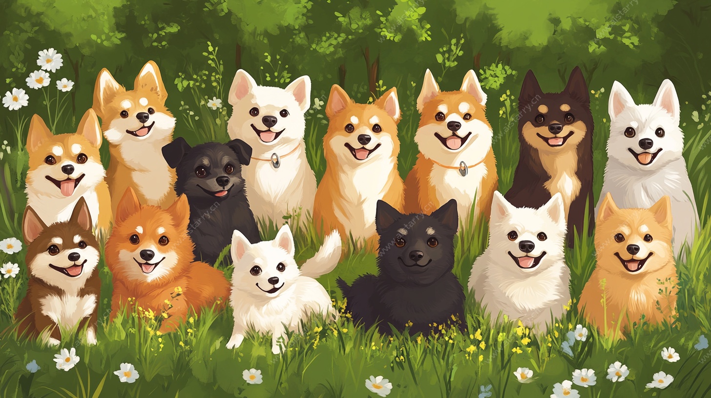 可爱柴犬齐聚绿色草地