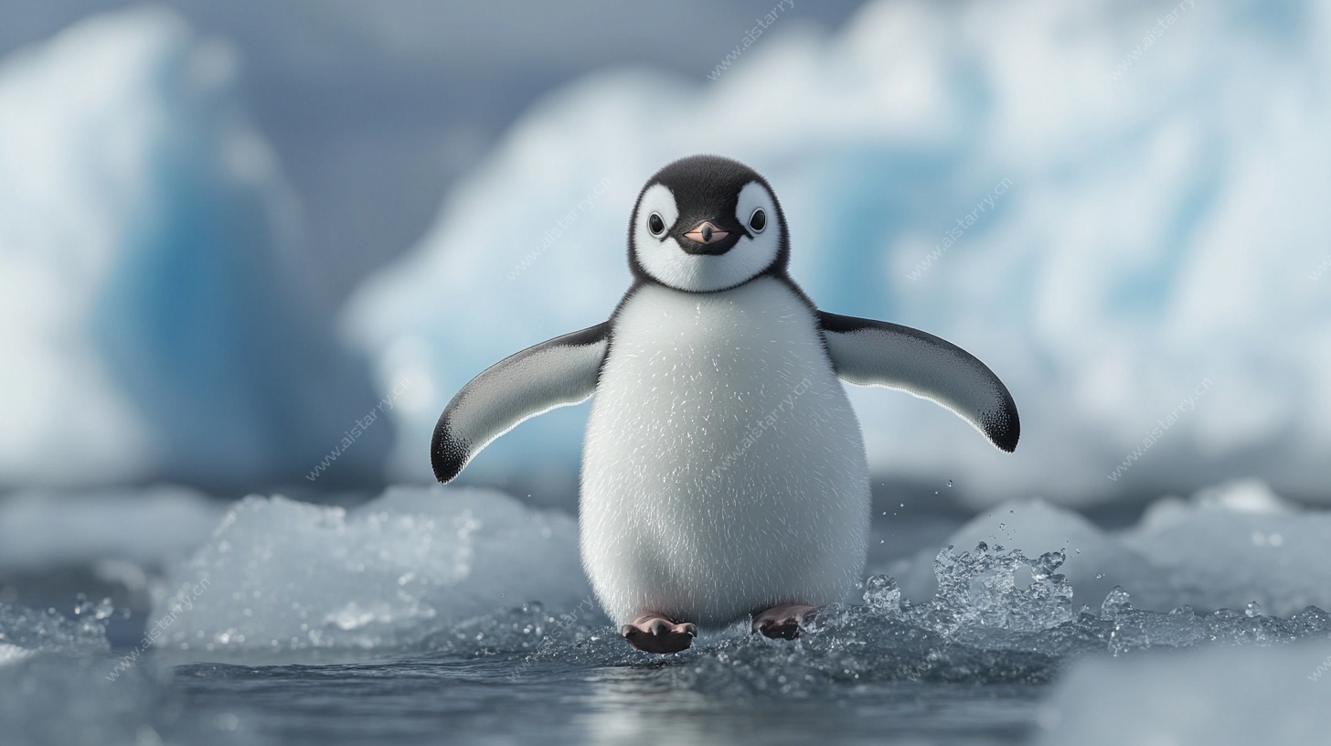 可爱小企鹅在冰面行走