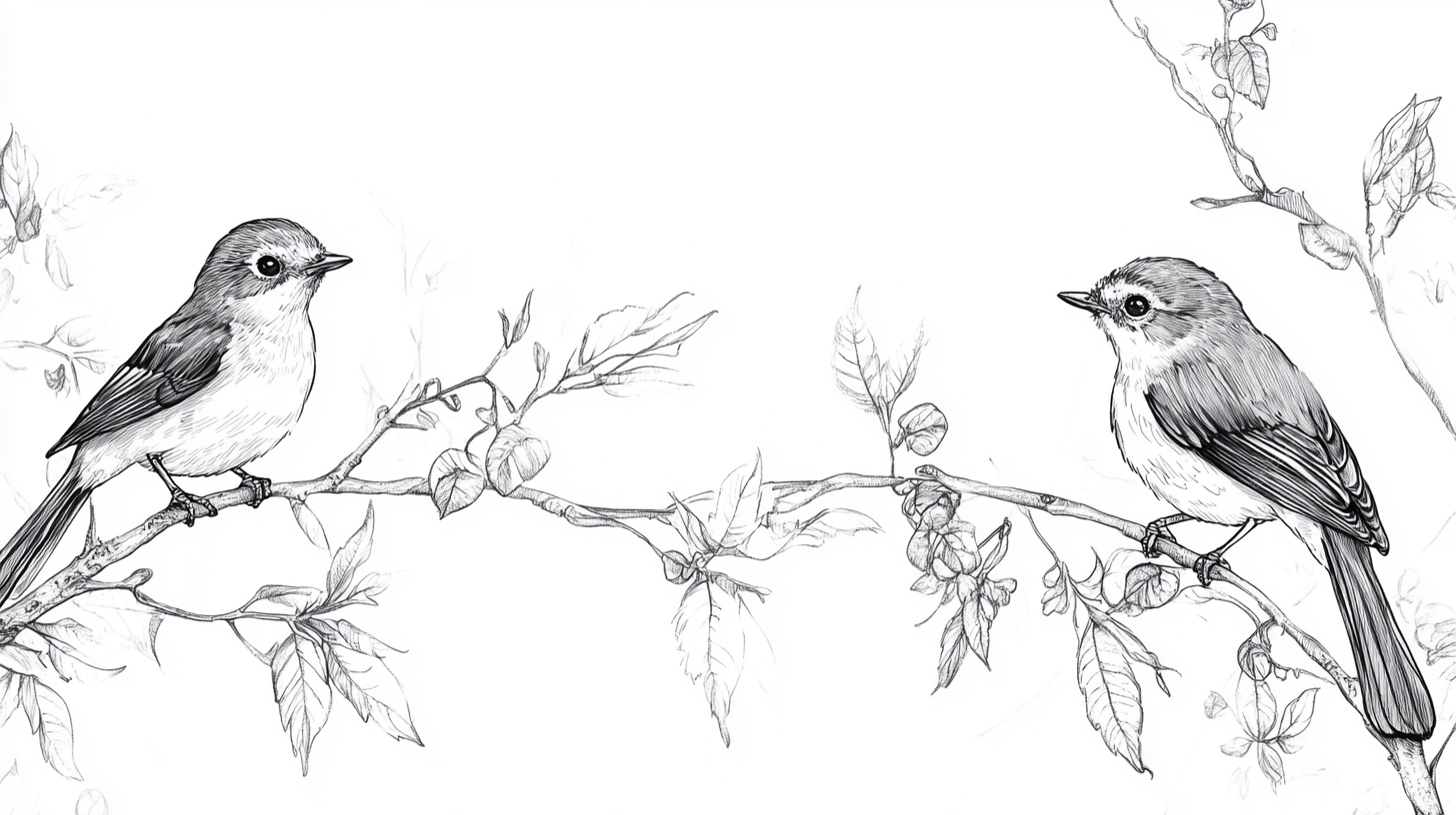 枝头双鸟素描图