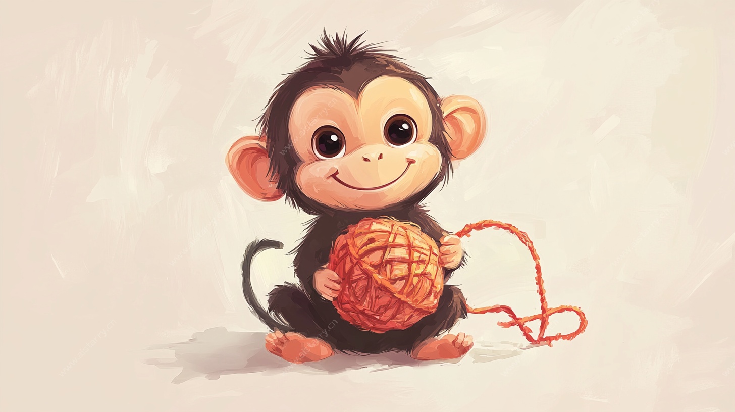 可爱小猴玩毛线球