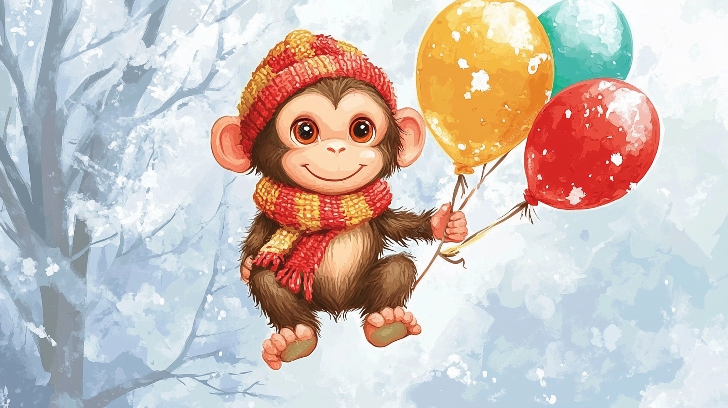 雪地小猴持气球欢乐图