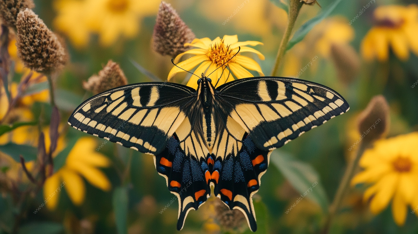 蝴蝶停驻于灿烂黄花间