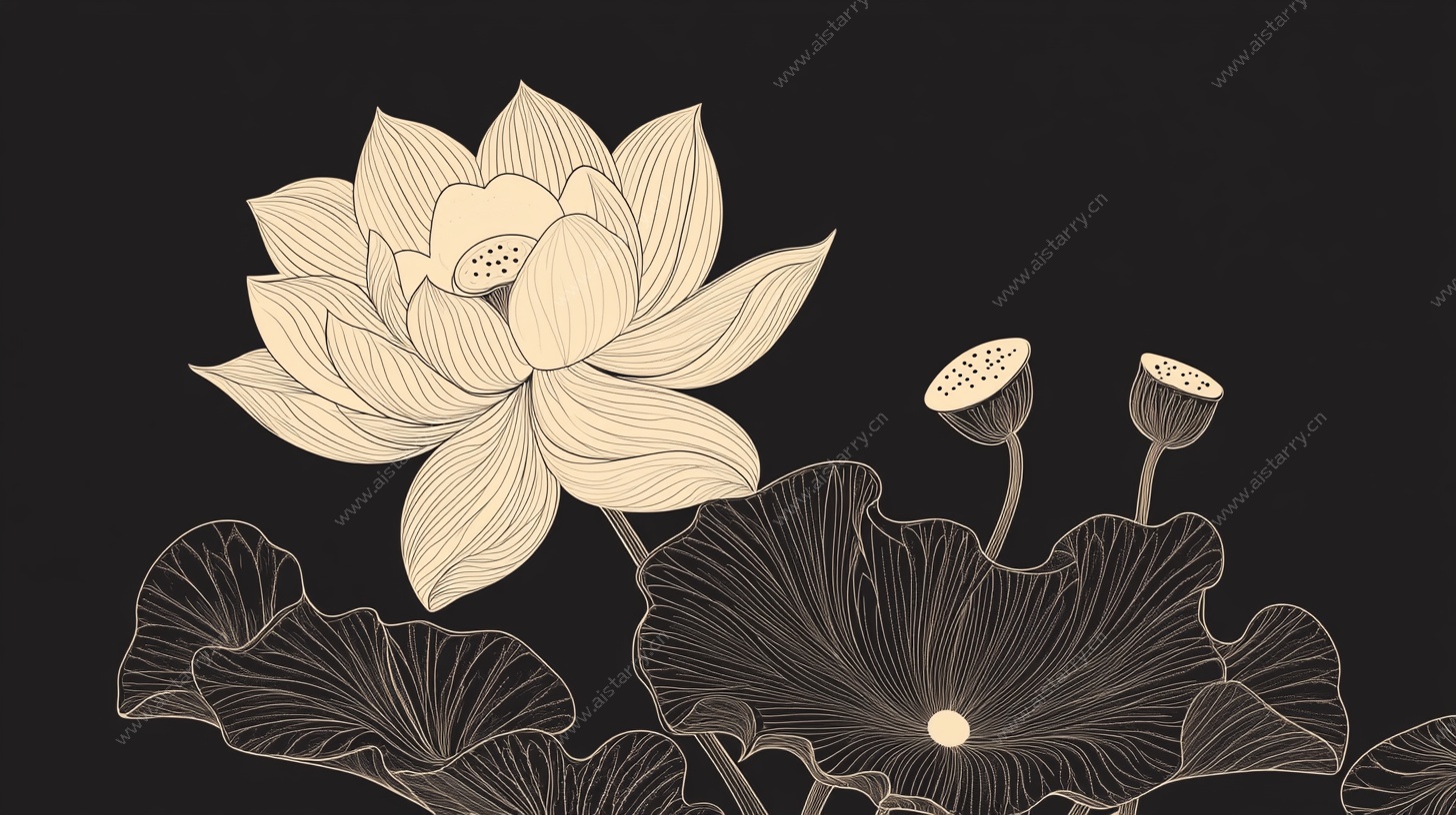 中式水墨风荷花线描图