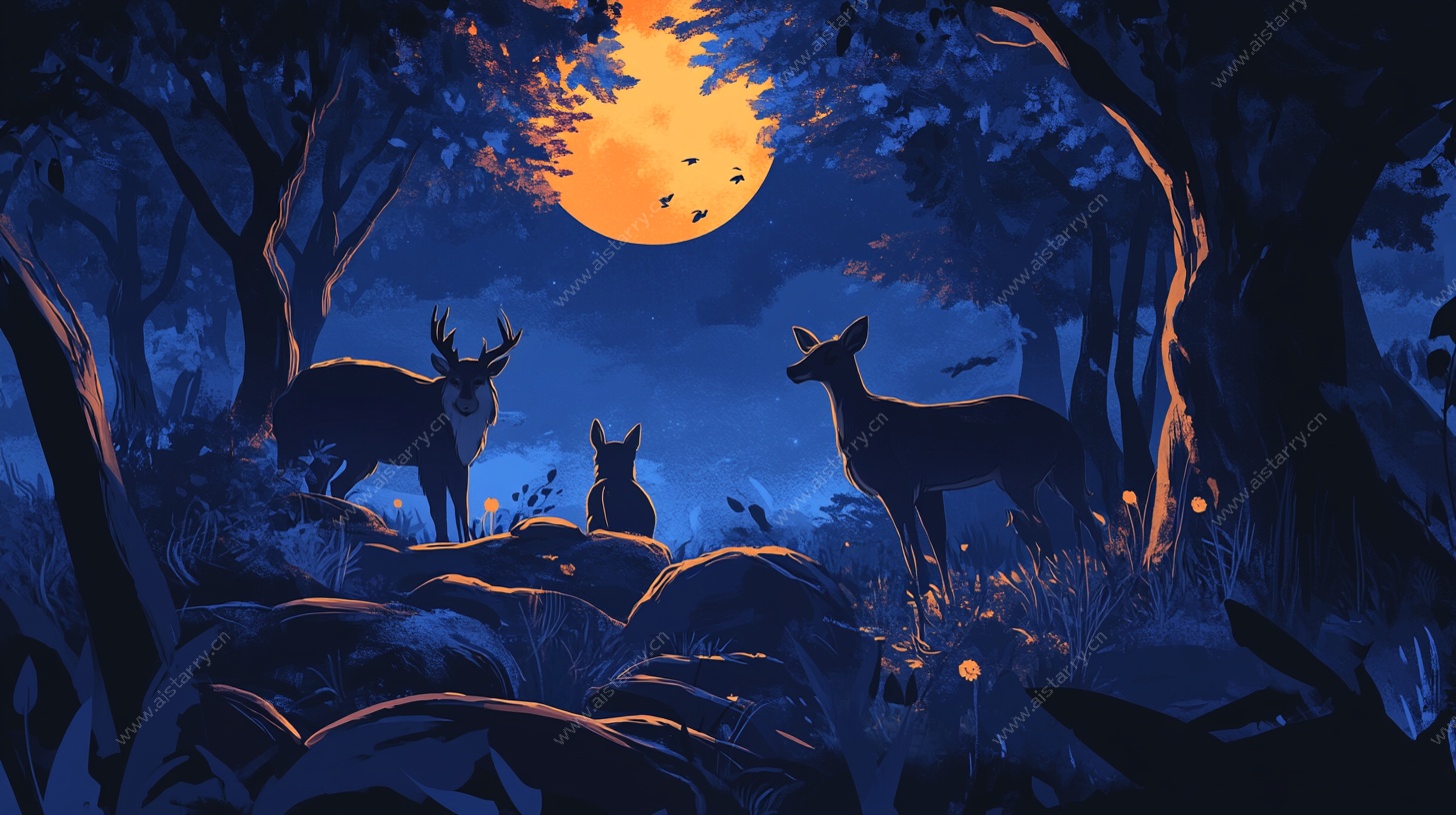 月夜森林中的动物聚会