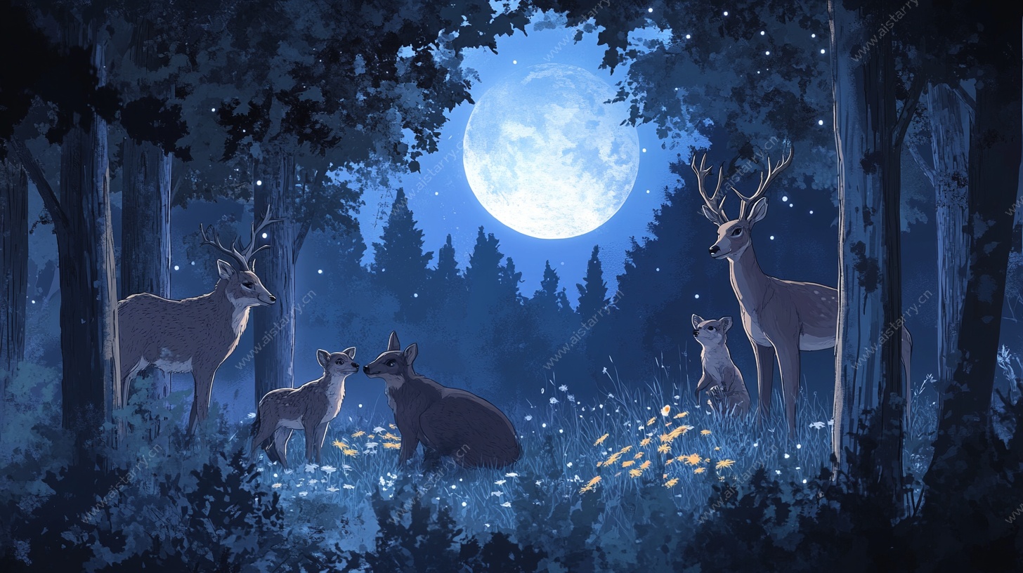 月夜森林中的动物聚会