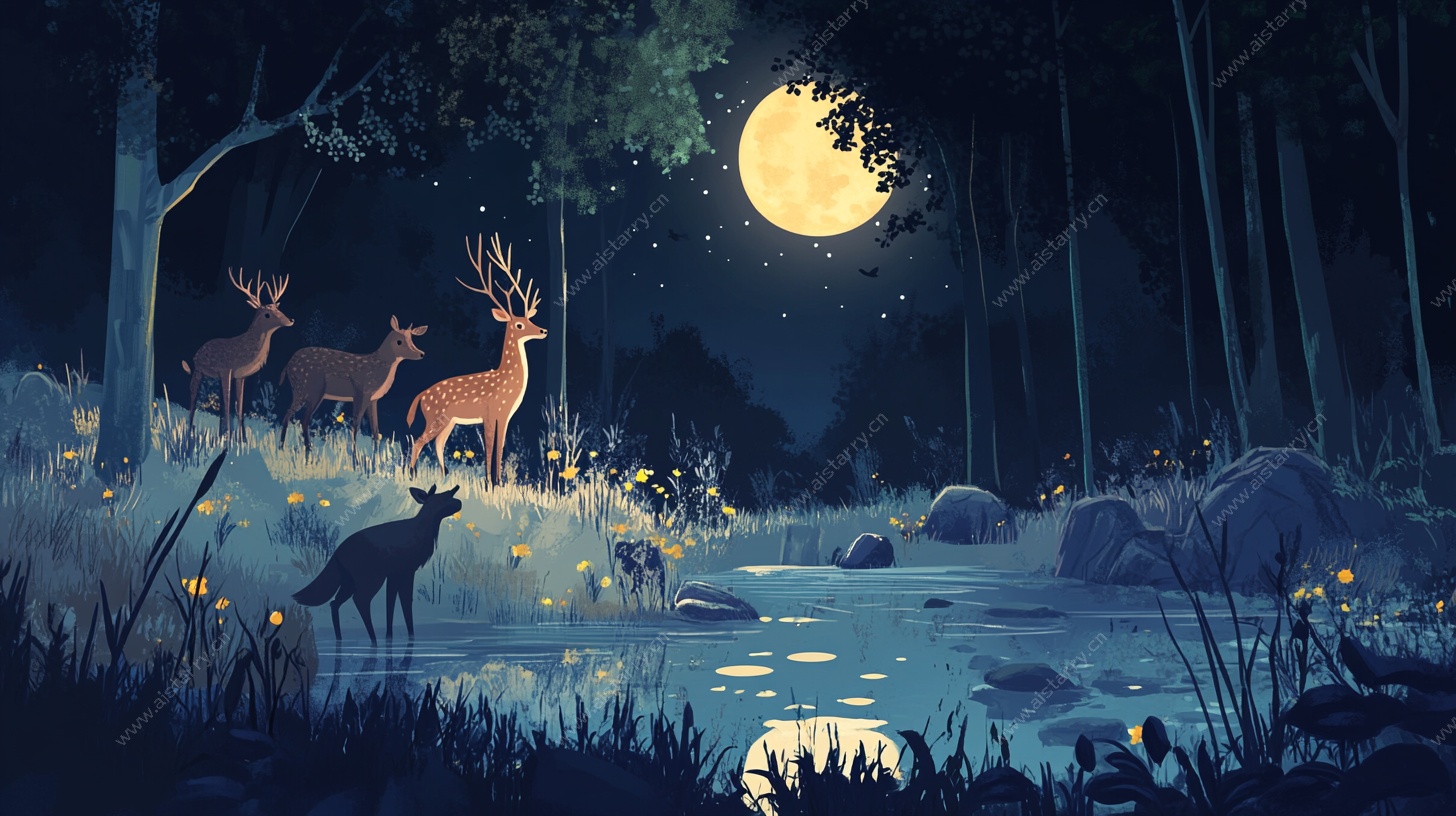 月夜森林中的动物聚会