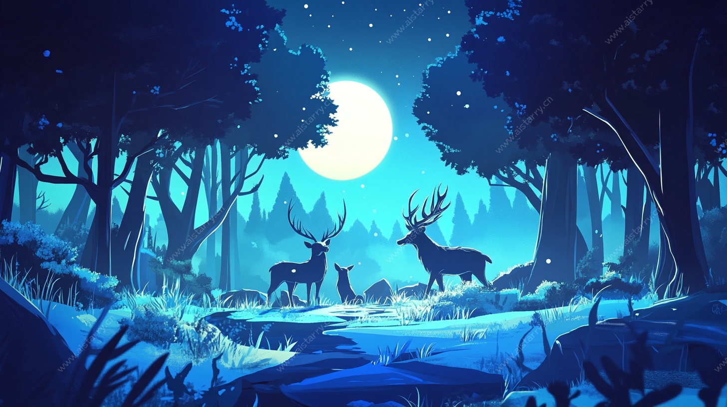 月夜森林中的鹿群美景