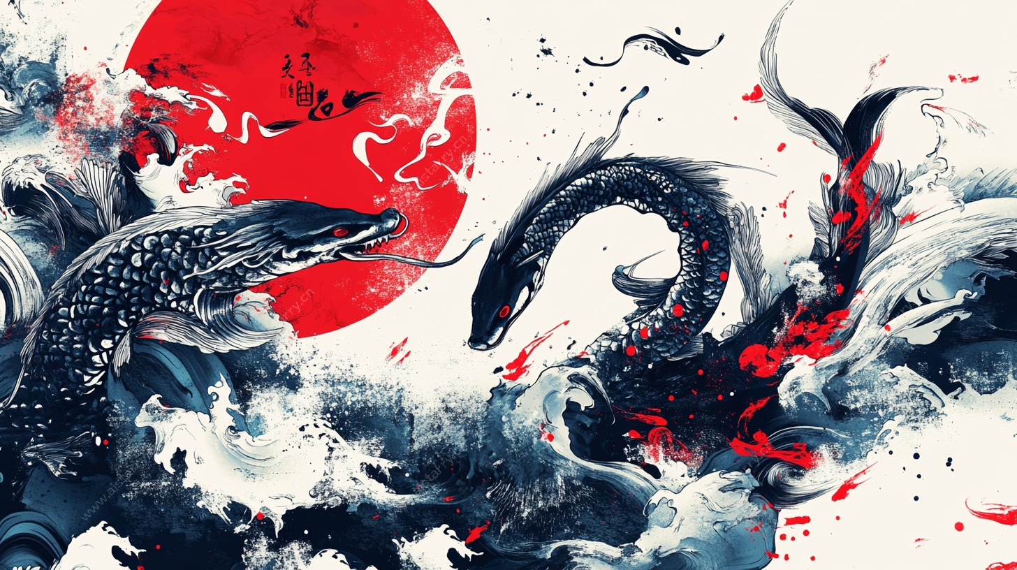 双鲤戏浪红日背景图