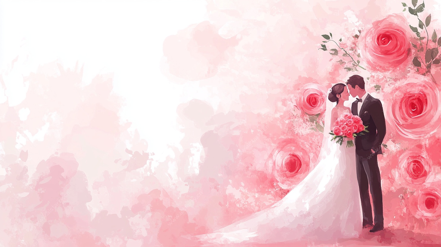 浪漫粉色系新婚夫妇插画