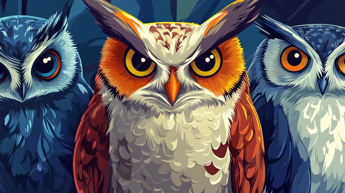 三只猫头鹰插画