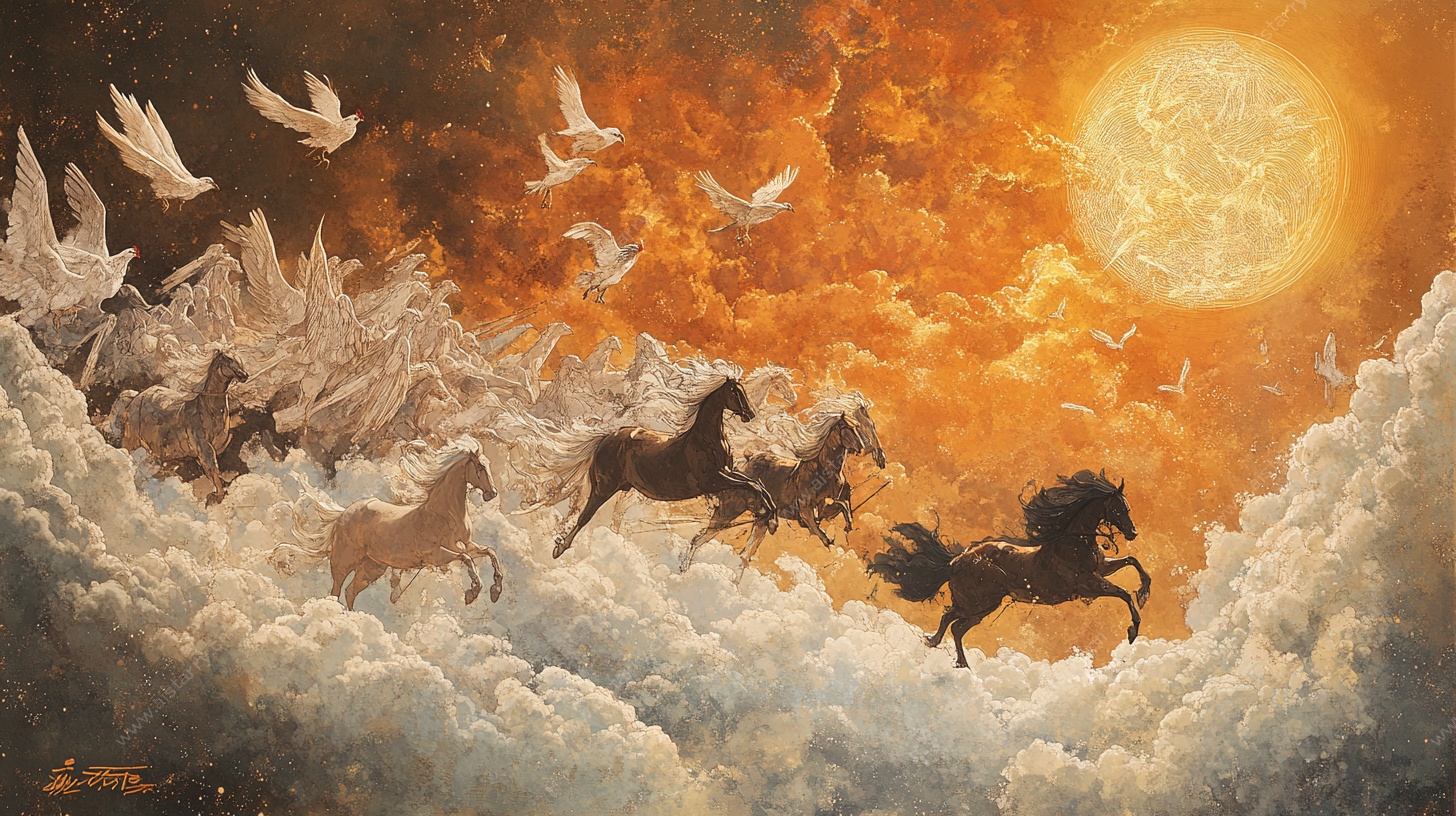 骏马奔腾于云海霞光间