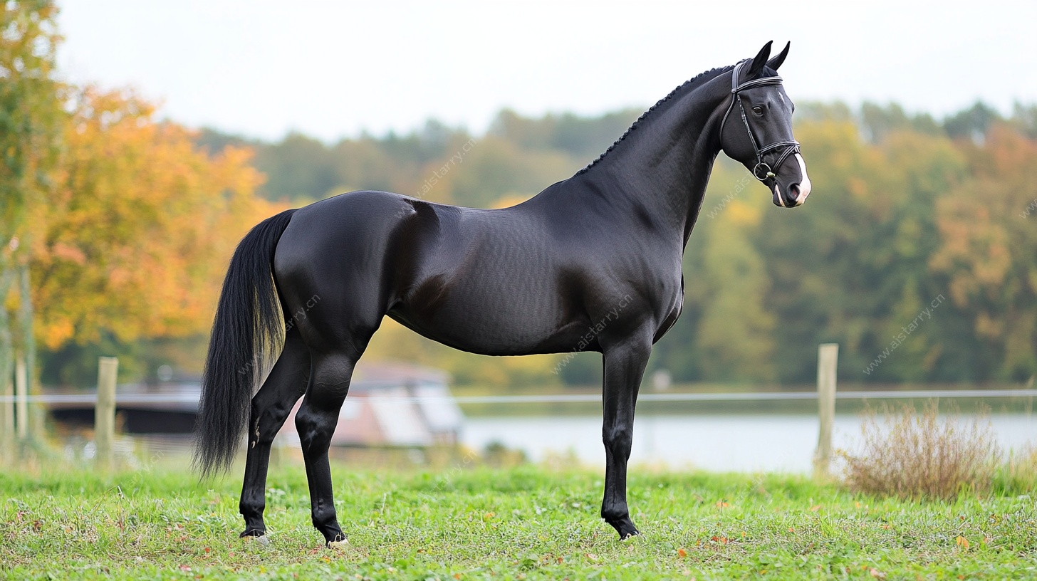 优雅黑骏马站立于草地湖畔