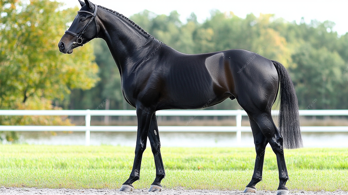 黑色骏马站立于户外草地