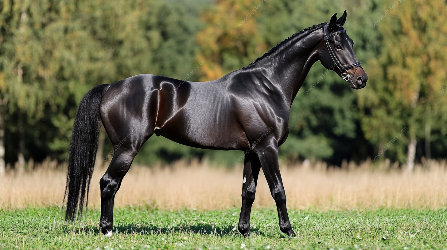 优雅黑马立于翠绿草地