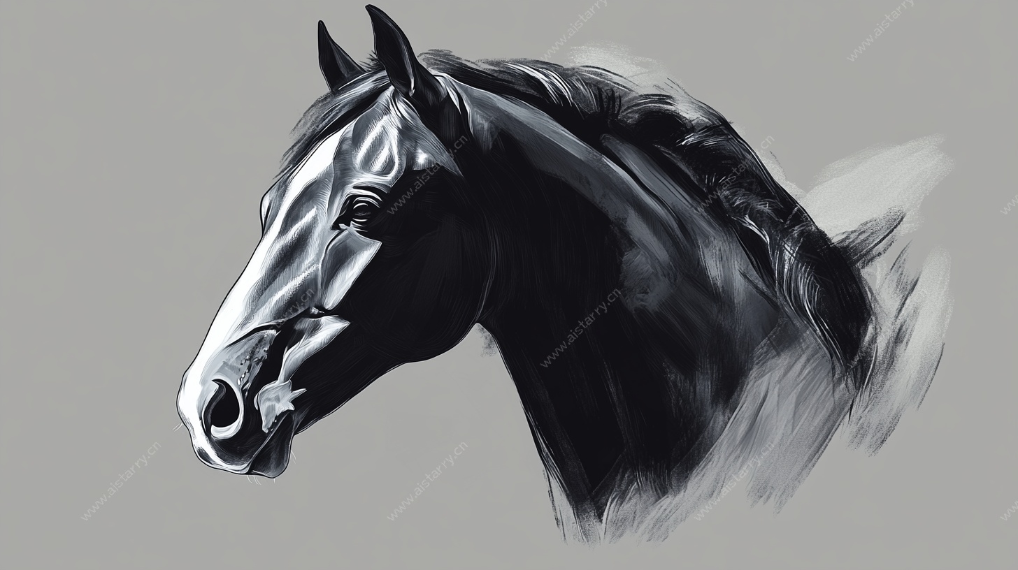 黑白骏马头像绘画