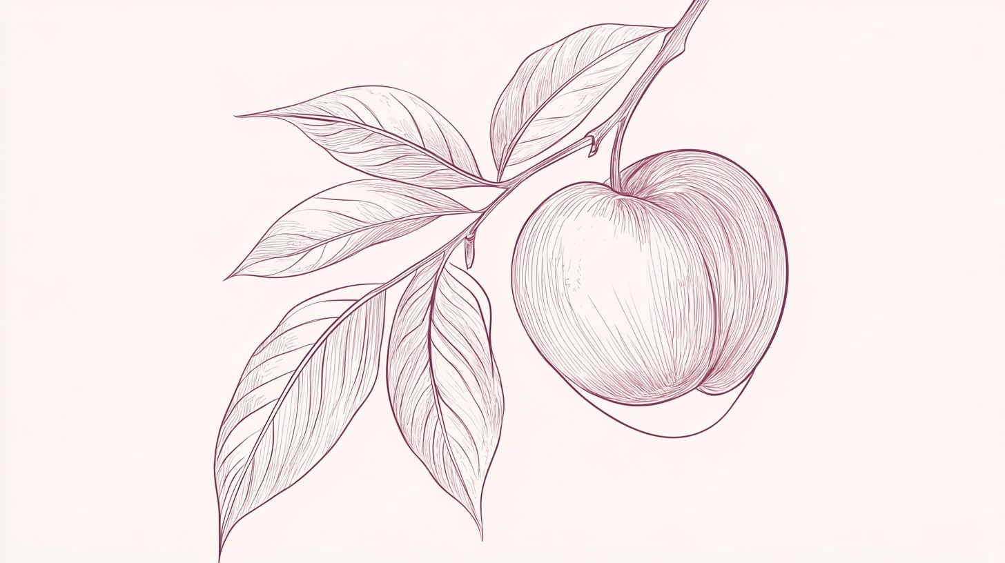 手绘桃子枝叶图