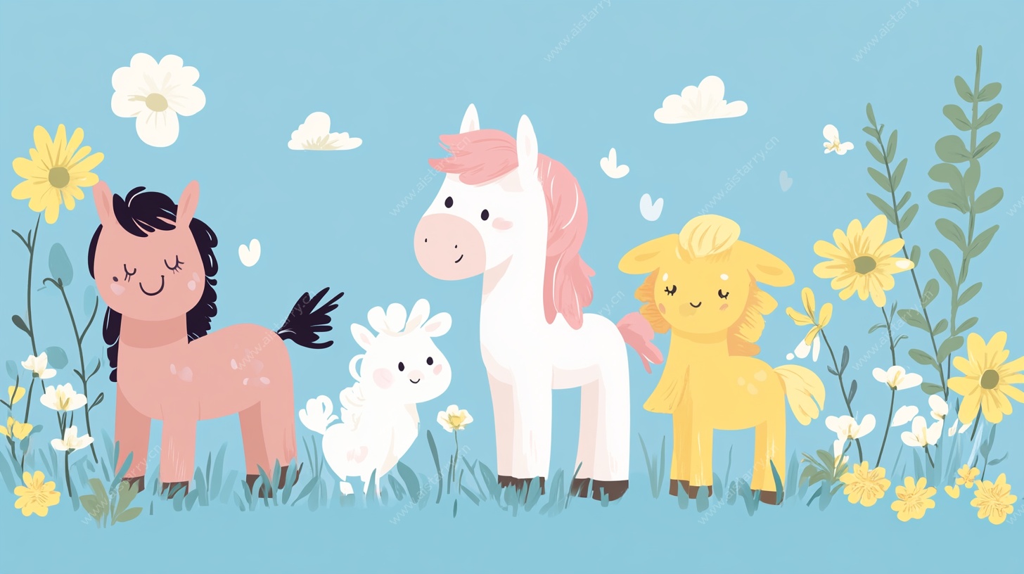 可爱小马在花丛中玩耍