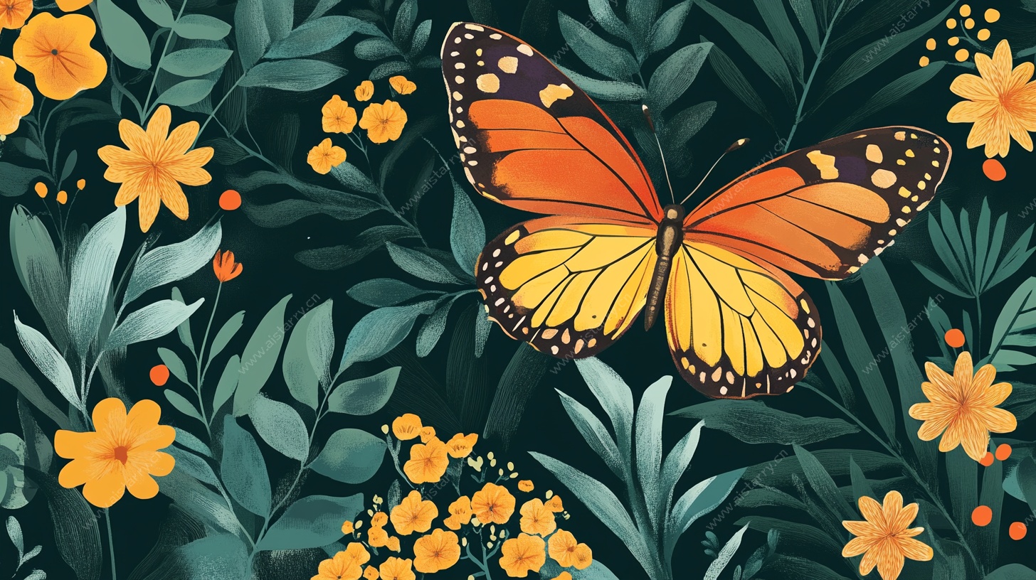 花丛中的蝴蝶插画