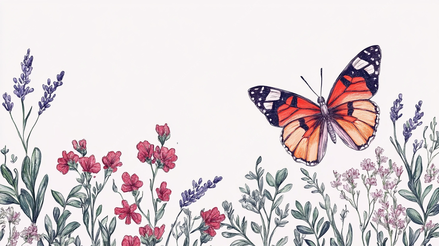 蝴蝶飞舞于花草间插画