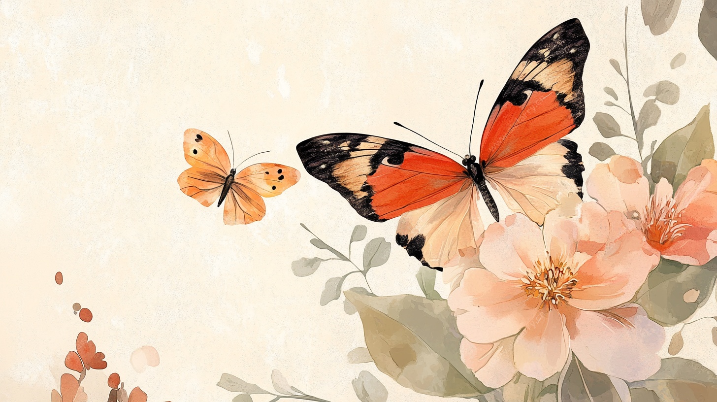 蝴蝶伴花唯美插画