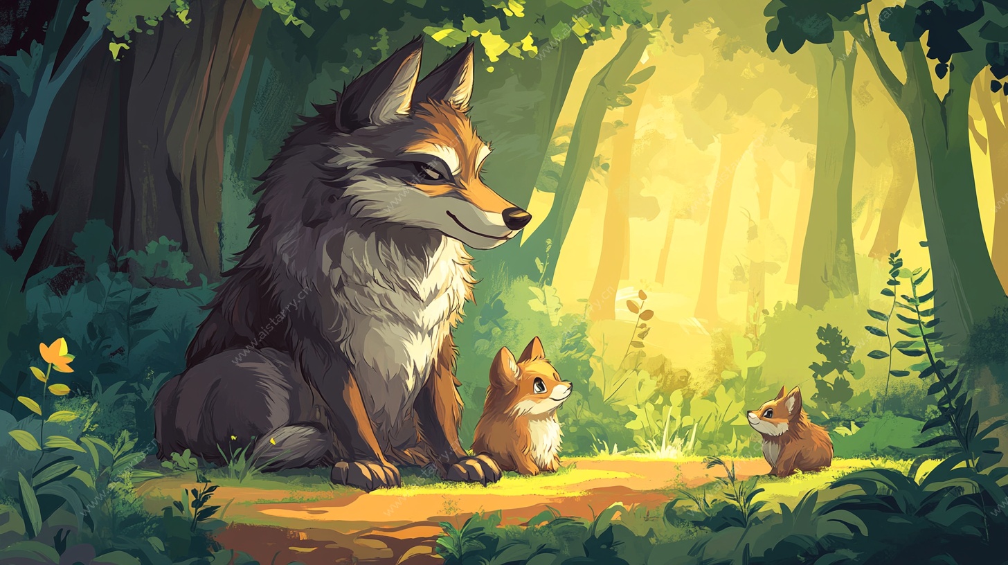 森林中狼与松鼠的和谐画面