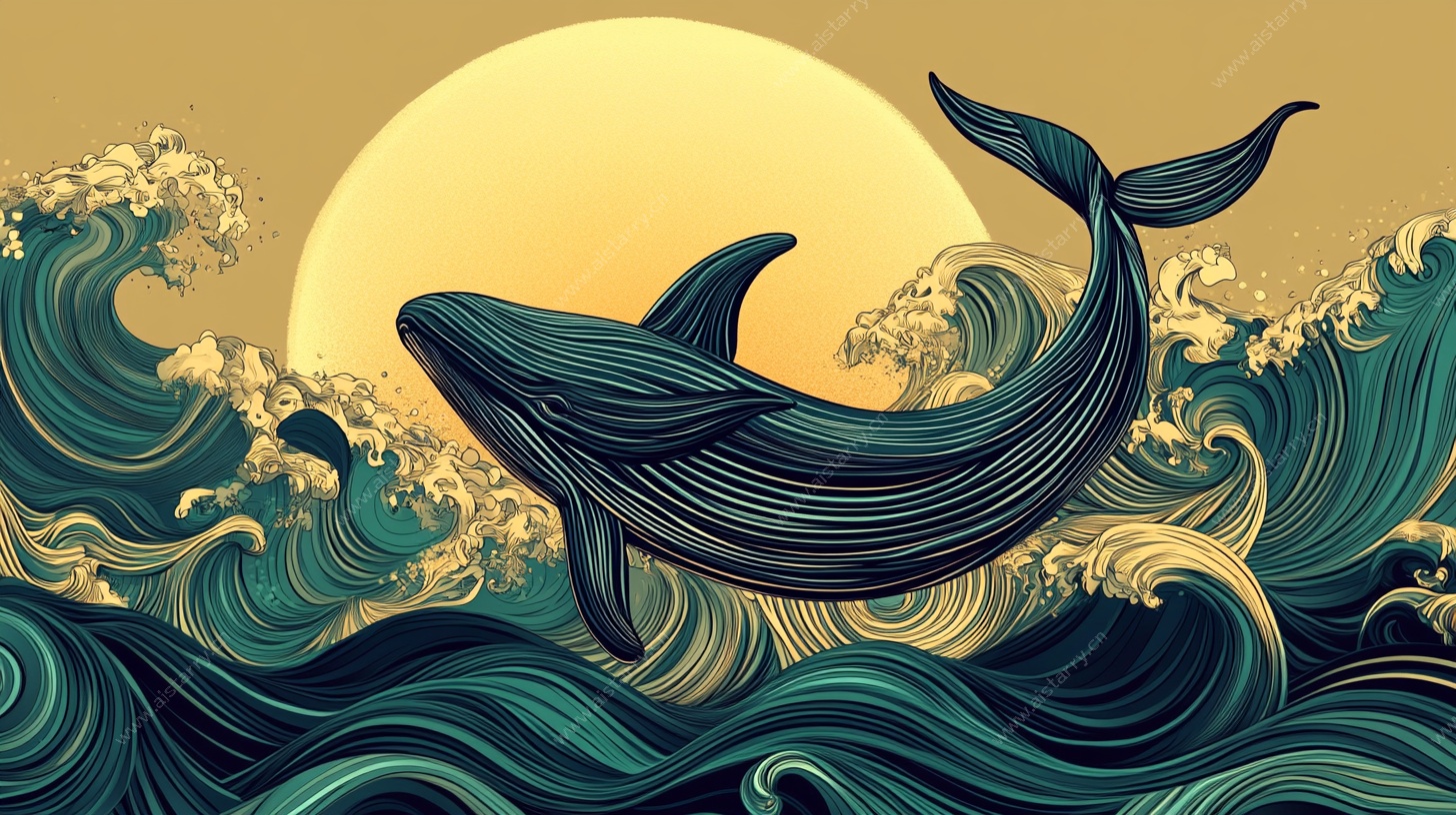 鲸鱼跃浪伴夕阳插画