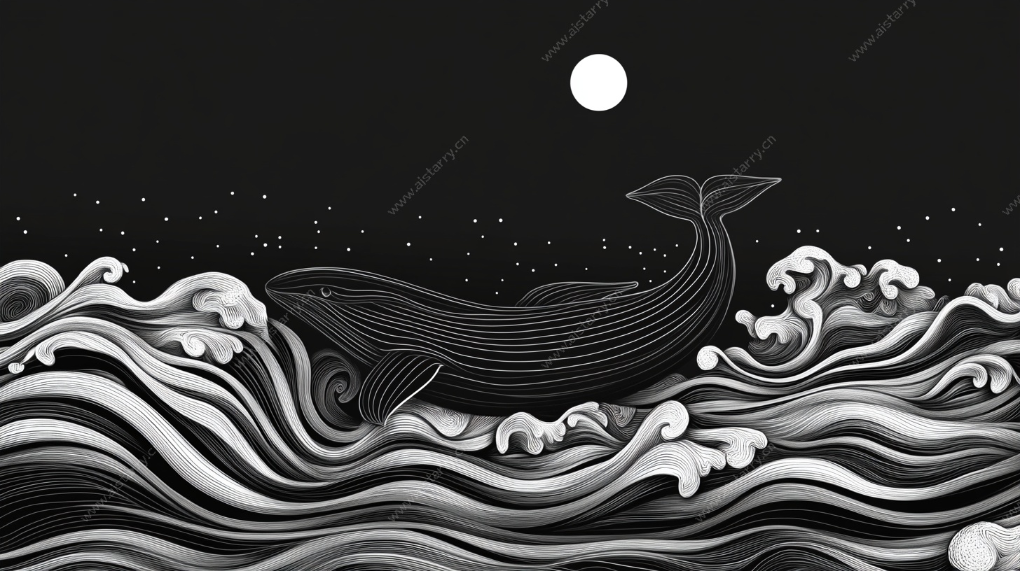 月夜下的鲸鱼与波浪