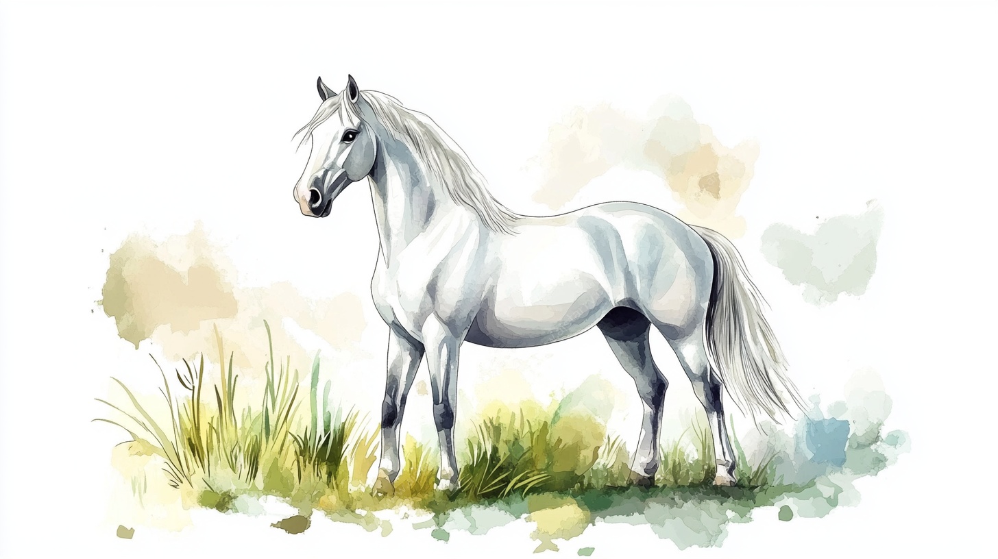水彩风格站立的优雅白马