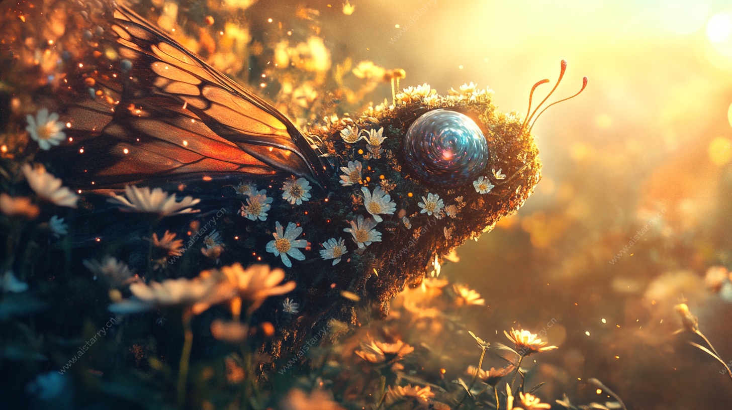 梦幻机械蝴蝶与花丛景象