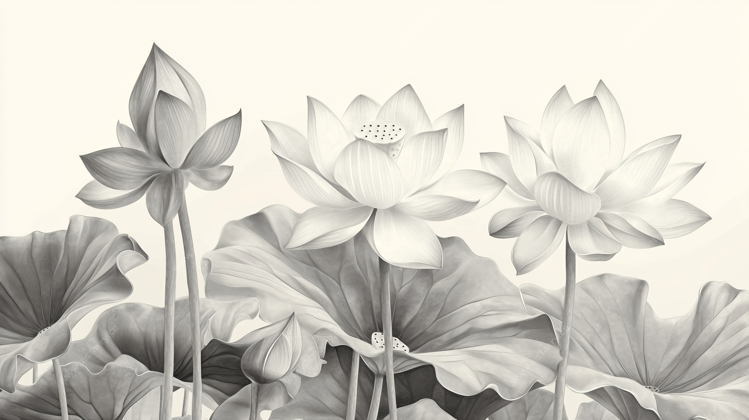 水墨风荷花黑白插画