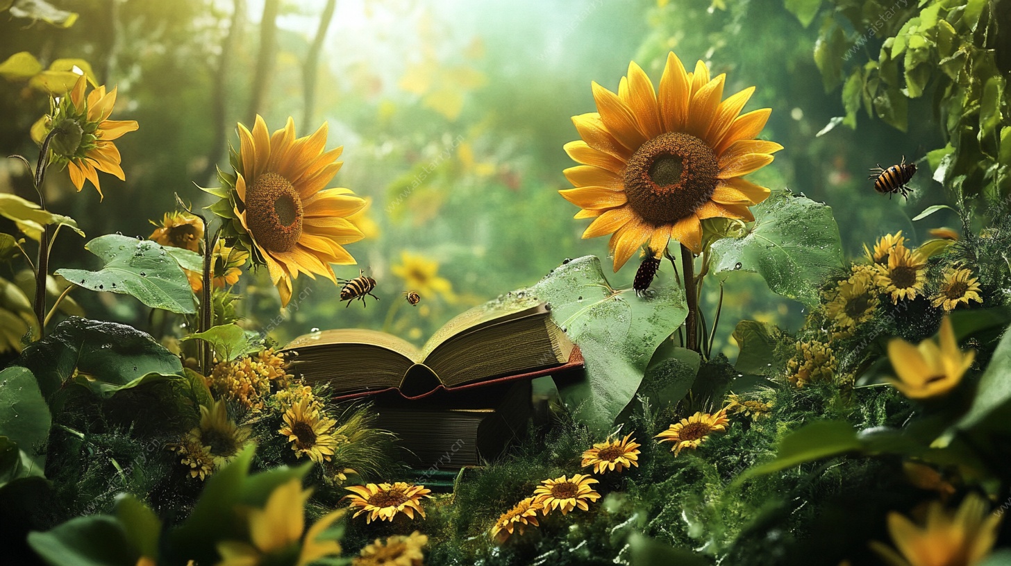 向日葵丛中的梦幻书籍