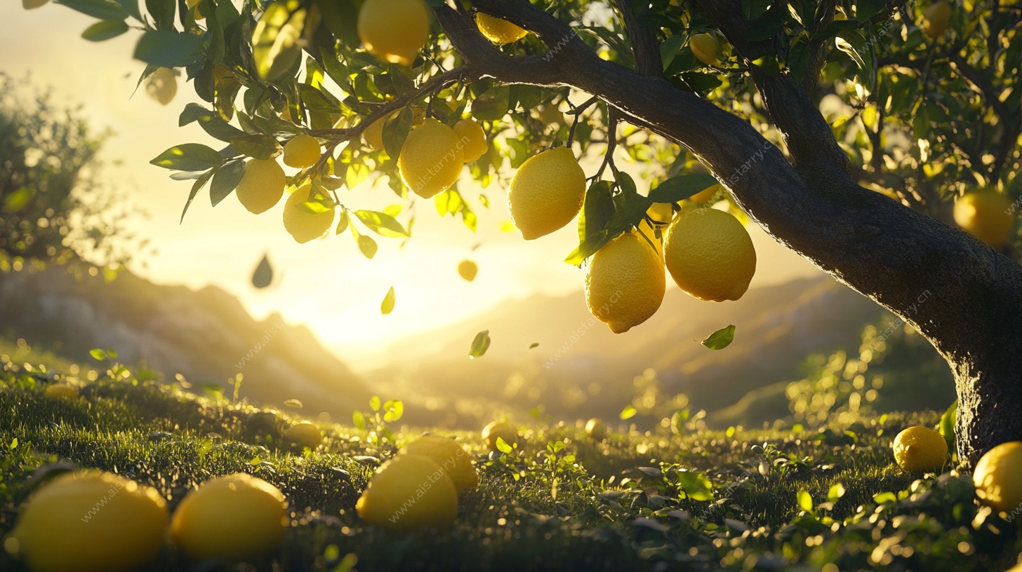 阳光下的柠檬树硕果累累